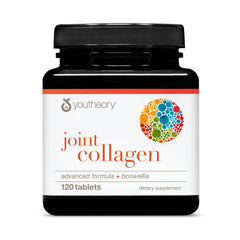 Youtheory Joint Collagen Advanced bottle with undenatured Type II tablets for daily joint support.