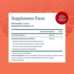 Close-up of Youtheory Joint Collagen Advanced tablets highlighting hydrolyzed collagen.