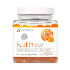 Gomitas Youtheory K2D3 sabor durazno para apoyo a la salud ósea y cardíaca.