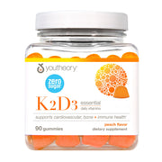 Youtheory K2D3 zero sugar gummy bottle shown for daily bone and heart support.