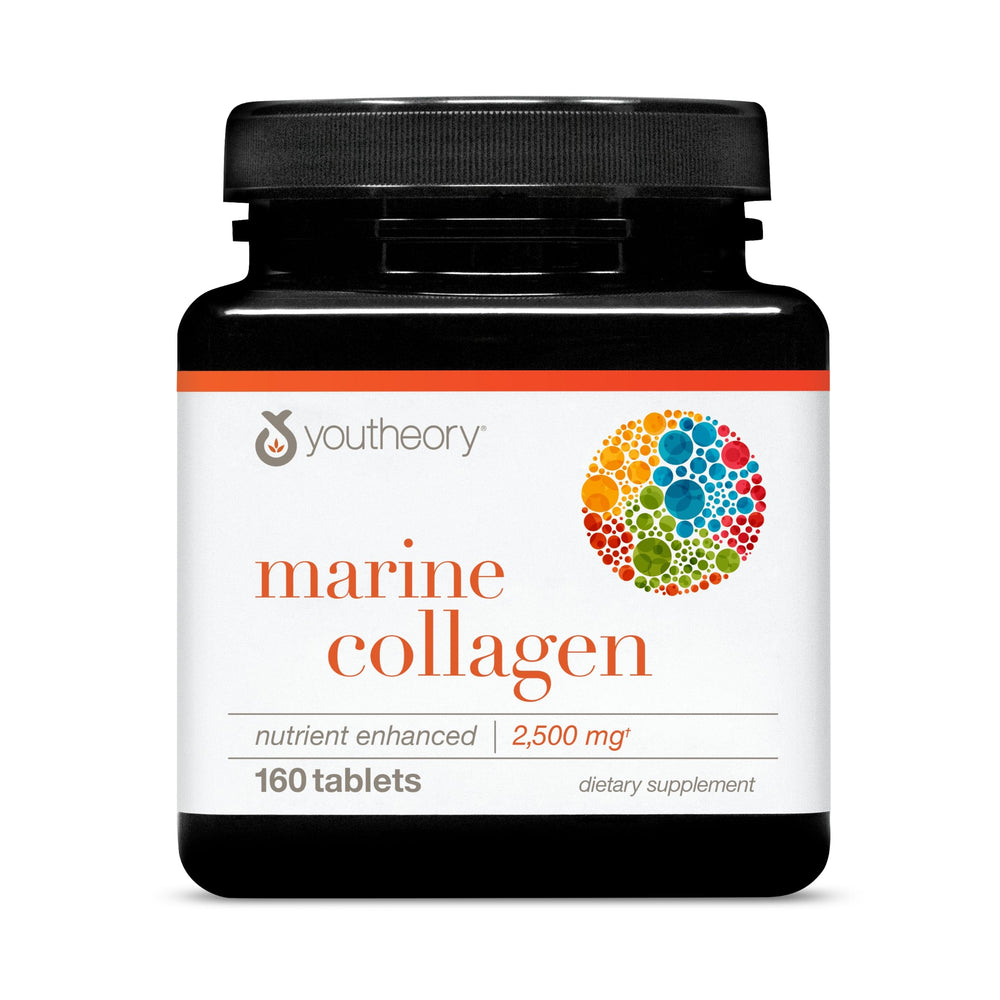 Youtheory marine collagen tablets bottle for joint and nail support.