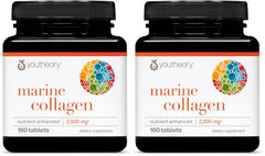 Youtheory Marine Collagen tablets close-up showing hydrolyzed collagen for skin support.