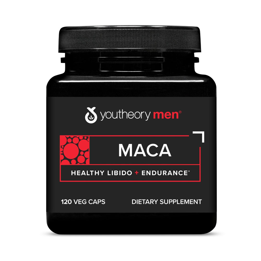 Youtheory Men's Maca bottle highlighting vegan energy support