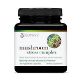 Youtheory Mushroom Stress Complex bottle front shows vegan capsules for daily calm