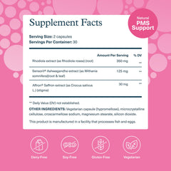Youtheory PMS Comfort+ bottle back with ingredient details for informed use.