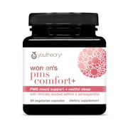 Youtheory PMS Comfort+ bottle front showing vegetarian capsules for daily balance.