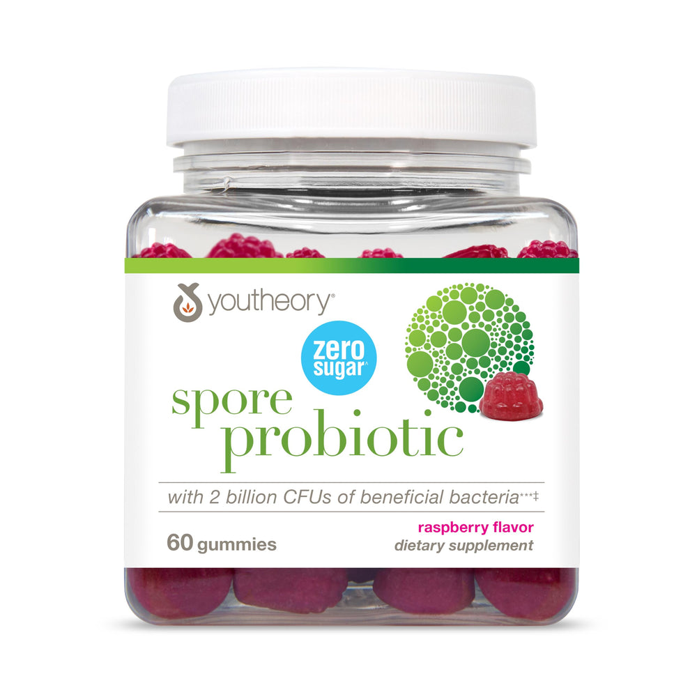 Gomitas probióticas Youtheory Spore, envase visible y enfoque en el producto.