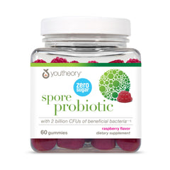 Gomitas probióticas Youtheory Spore, envase visible y enfoque en el producto.
