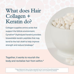 Tablets on hand illustrating convenient daily supplement routine with keratin and collagen