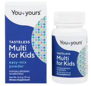 You+yours tasteless multivitamin powder for kids dissolves in drinks without altering flavor