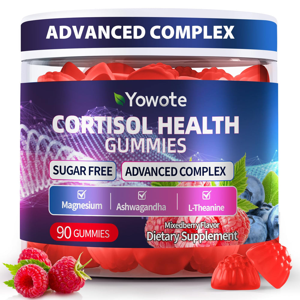 YOWOTE cortisol gummy bottle front displaying mixed berry formula for daily stress balance.