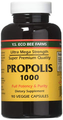 YS Eco Bee Farms Propolis bottle label showing ingredients and brand.