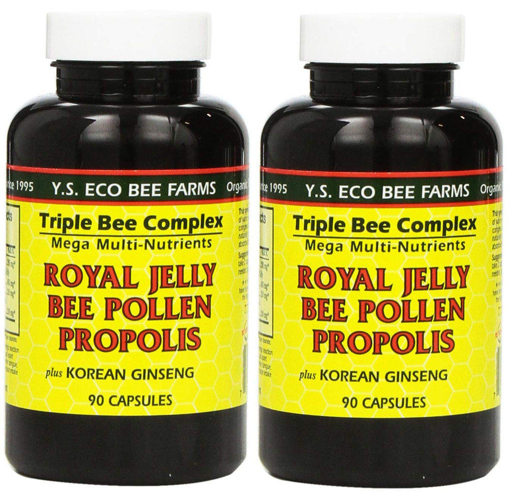 YS Eco Bee Farms royal jelly bee pollen propolis plus Korean ginseng bottle front, highlighting product packaging and high-quality blend