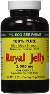 YS Eco Bee Farms Royal Jelly bottle shows 2000 mg potency for daily nutrition.