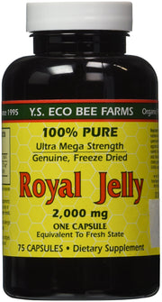 YS Eco Bee Farms Royal Jelly bottle shows 2000 mg potency for daily nutrition.