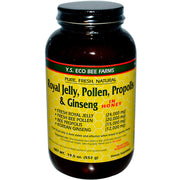YS Royal Jelly bottle pouring honey blend with pollen and propolis for daily vitality.