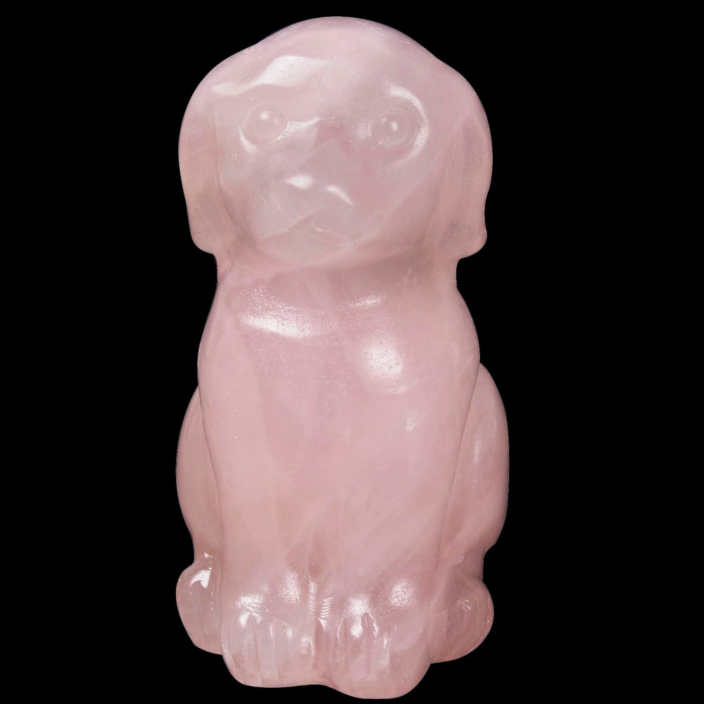 Ytbeoxk Rose Quartz Dog Sculpture front view showing intricate carving for serene decor