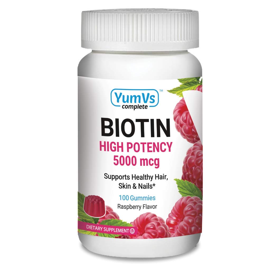YUM-V'S Biotin Gummies bottle with raspberry flavor for daily hair and nails support.