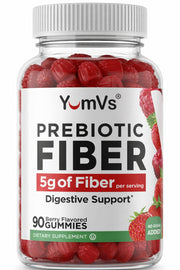 YUM-V'S Prebiotic Fiber Gummies bottle front highlights 5g fiber and keto-friendly qualities.