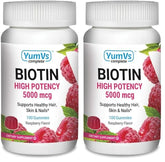 YUM-V'S Biotin Gummies bottle with raspberry flavor for daily hair, skin, and nail support.