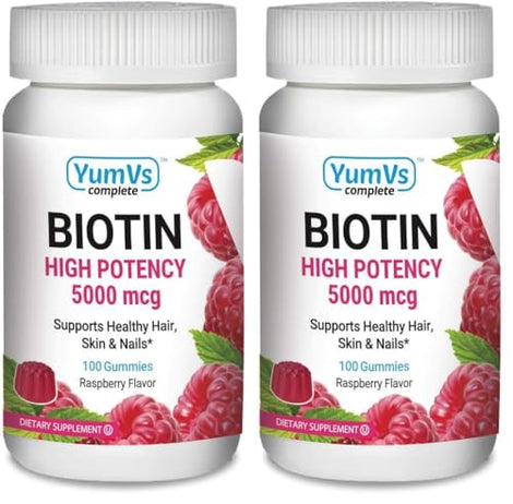 YUM-V'S Biotin Gummies bottle with raspberry flavor for daily hair, skin, and nail support.