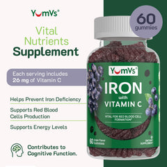 YUM-V'S Iron Gummies bottle label highlighting vitamin C for absorption