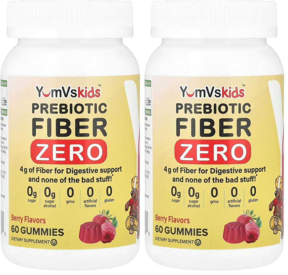 YUM-V'S prebiotic fiber zero gummies for kids in berry bottle, supporting daily digestive balance.