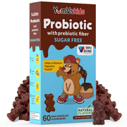 YUM-V'S kids probiotic bottle with chocolate bears supports daily digestion.