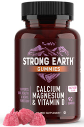 YUM-V'S Strong Earth calcium gummies bottle with raspberry flavor supports bone health.