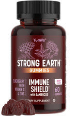 YUM-V'S Strong Earth Elderberry Gummies bottle shown for daily immune support