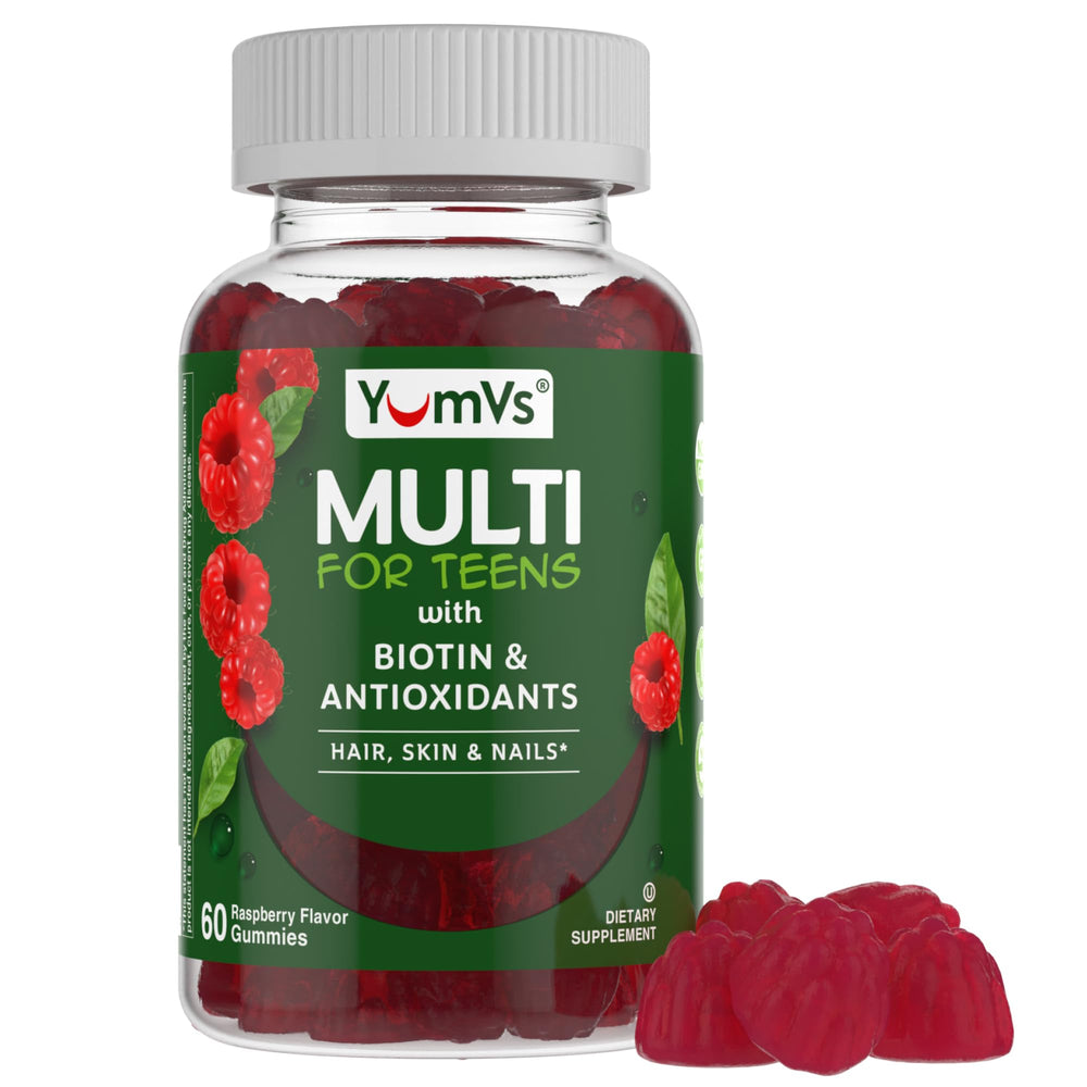 YUM-V'S teen multivitamin gummies raspberry bottle shown for daily teen wellness.