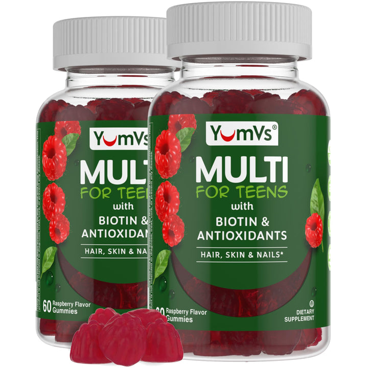 YUM-V'S teen multivitamin raspberry gummies in a bottle for tasty daily teen nutrition.