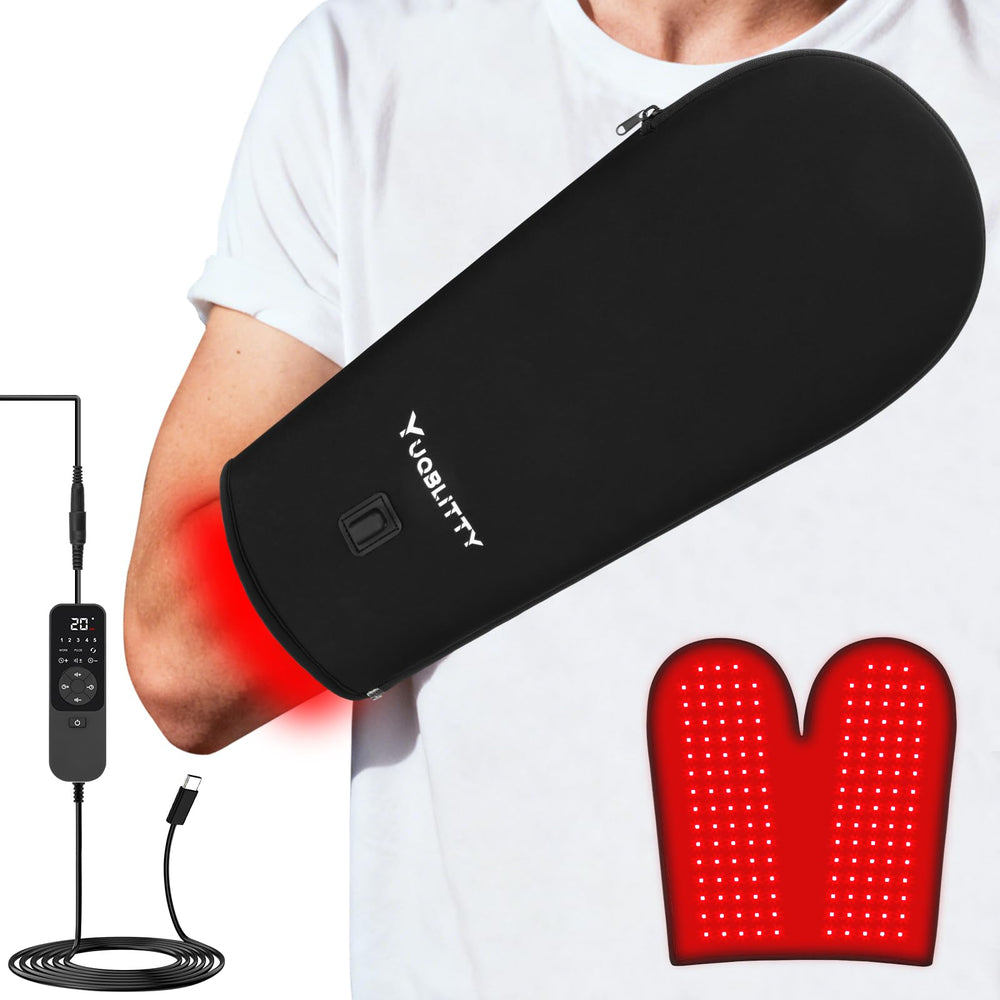 YUQBLITTY oversized red light glove on hand delivering soothing warmth and targeted relief.
