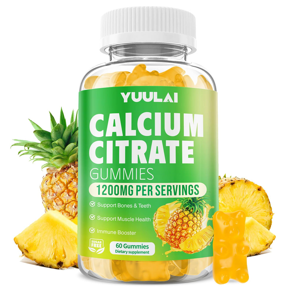 YUULAI Calcium Citrate Gummies bottle shows 1200mg calcium per serving for bone health.
