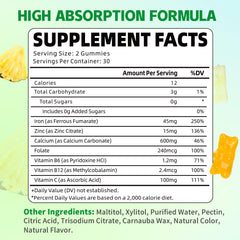 YUULAI iron gummies bottle back label highlights zinc and calcium for immune support.