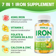 YUULAI iron gummies pineapple chews provide tasty daily iron intake for energy.