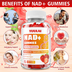 YUULAI NAD+ gummies strawberry flavor graphic promotes tasty daily vitality
