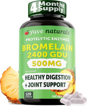 Yuve Bromelain 500mg bottle shows high-potency digestive support.