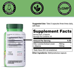 Capsules neatly arranged with Yuve DGL Licorice brand emphasizing easy-to-take digestive support.