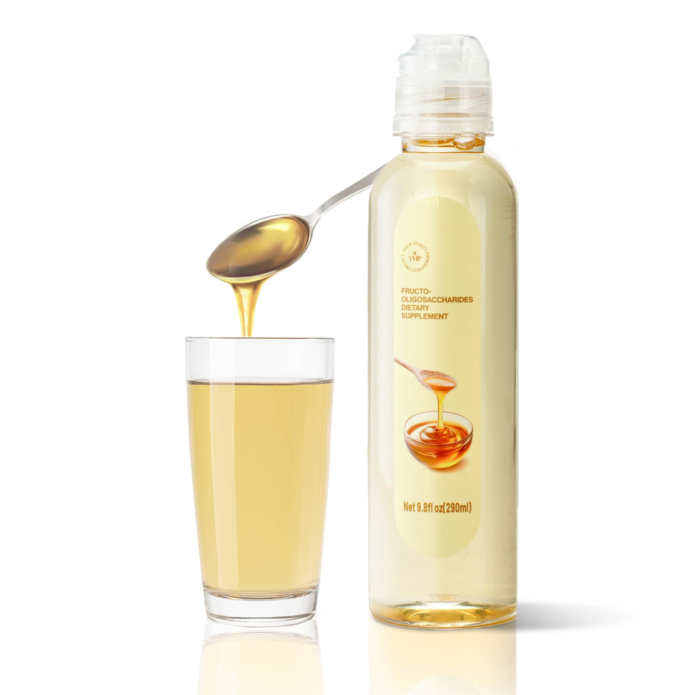 YVIP prebiotic FOS syrup bottle highlighting gut-supporting formula.