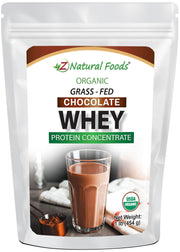 Z Natural Foods Organic Chocolate Whey Protein bottle highlights clean nutrition and rich chocolate flavor.