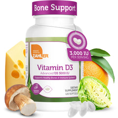 Zahler advanced Vitamin D3 softgels bottle supports bone and immune health.