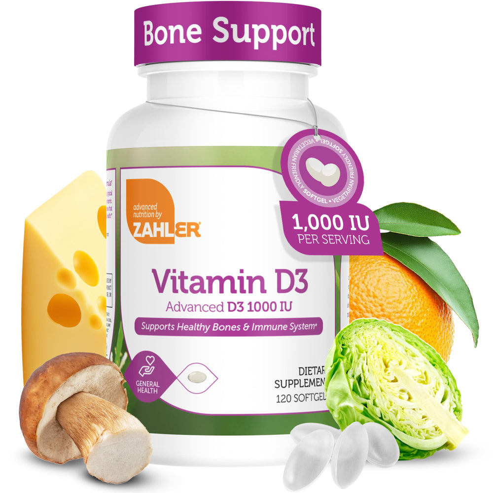 Zahler Advanced Vitamin D3 softgels in a bottle maximize daily bone and immune support.