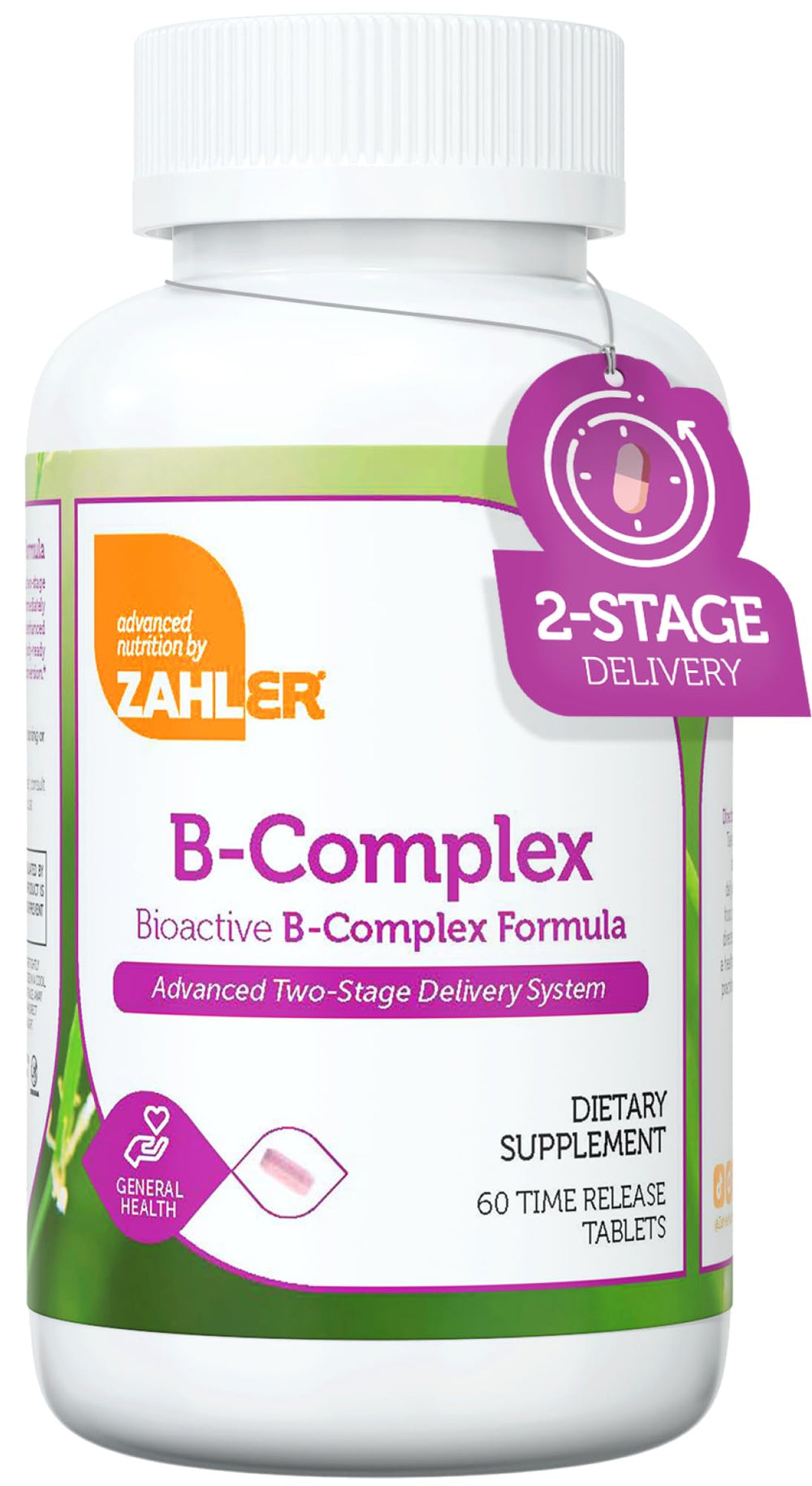 Zahler B-Complex bottle and label highlighting a full B vitamin spectrum for daily energy