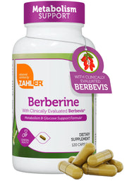 Zahler Berberine 1000mg bottle highlights Berbevis for absorption and glucose support.