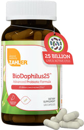 Zahler BioDophilus25 bottle front for daily gut support with 25B CFU.