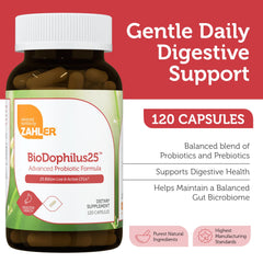 Zahler BioDophilus25 capsules close-up showing easy-to-swallow probiotic capsules for daily use.
