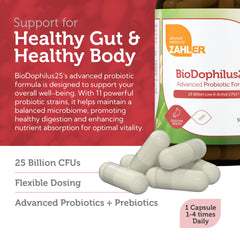 Zahler BioDophilus25 daily-dosing concept enables flexible probiotic plan for varying needs.