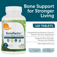 Zahler BoneFactor tablets close-up highlighting D3 and K2 for delivery.