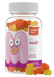 Zahler Chapter One kids multivitamin gummies jar with colorful bears; supports daily nutrition.